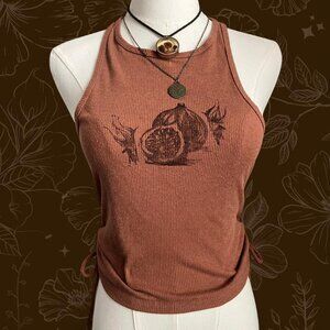 Hand-Printed Handmade Upcycled Chocolate Brown Graphic Fig Halter Tank Top